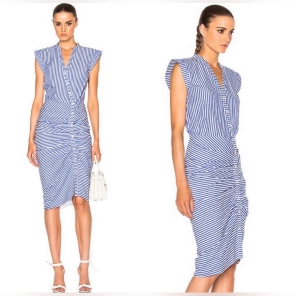 Veronica Beard Ruched Striped Cotton Shirt Dress Sleeveless Size 10 Blue EUC - Picture 4 of 13